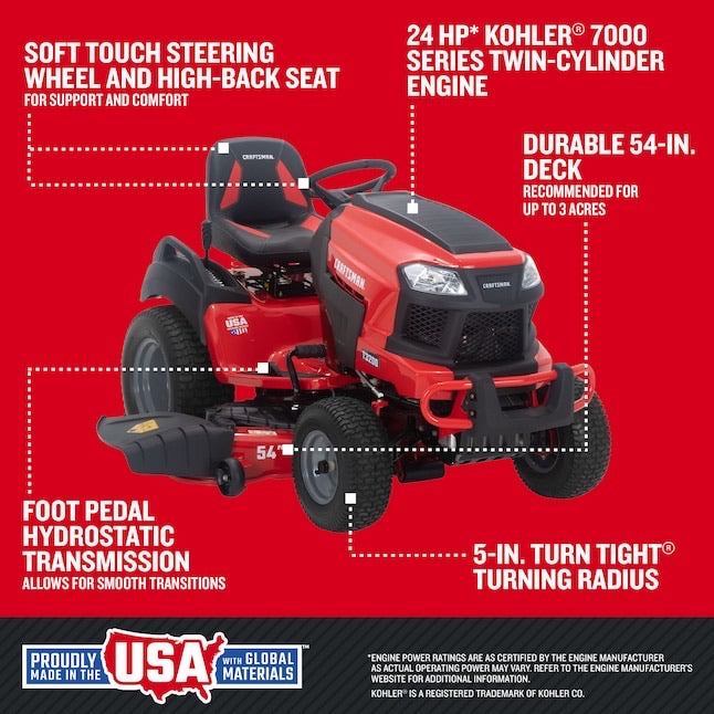 CRAFTSMAN T3200 Turn Tight 54" Riding Lawn Tractor | 24HP Kohler V-Twin